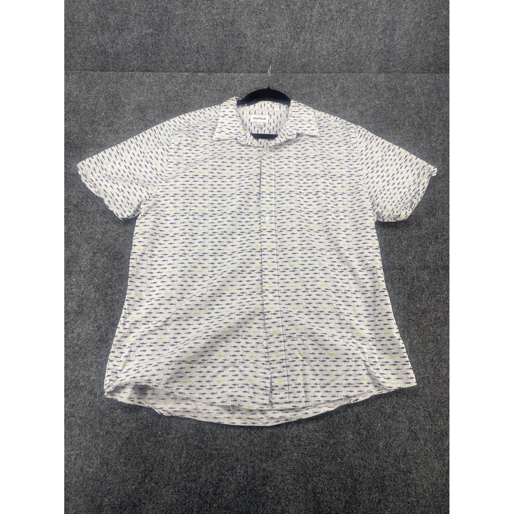 Haggar Shark Print Button Down Shirt Mens XL White Blue Green Short Sleeve Beach